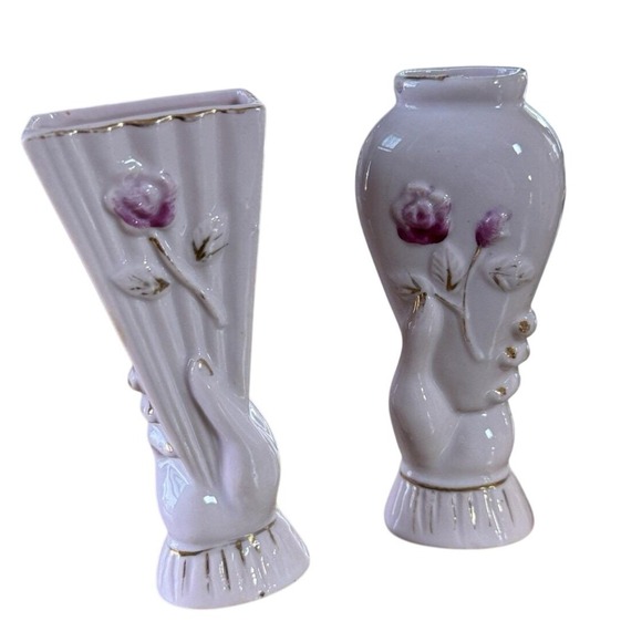 Royal Silk Other - Pair Royal Japan Hand Holding Vases Pink Rose Hand Painted Ceramic Vintage decor